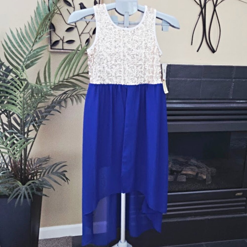 NWT Roxette girls sz medium hi/low dress blue /white/tan sequin embellished